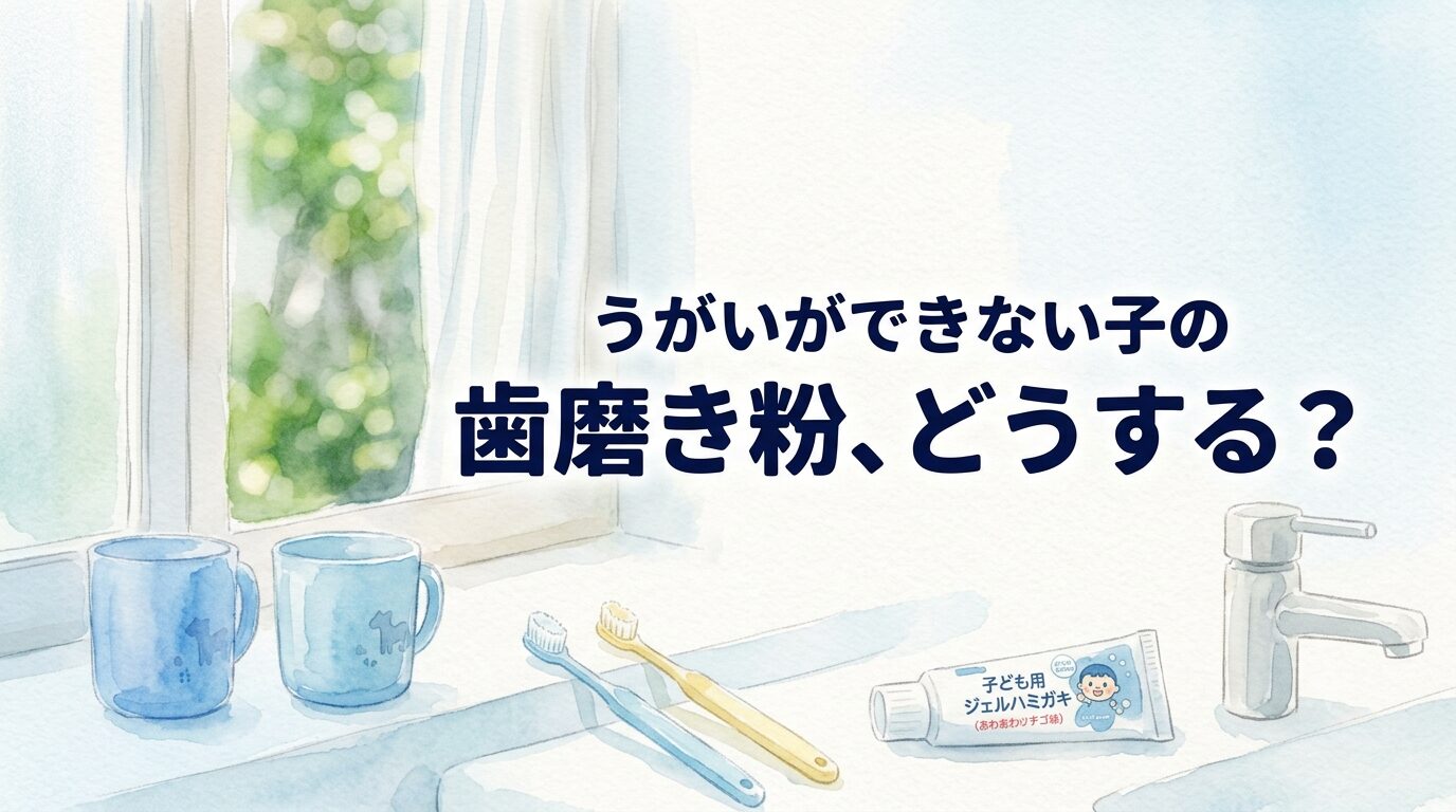 うがいができない子の歯磨き粉、どうする？と書かれた洗面所の水彩イラスト